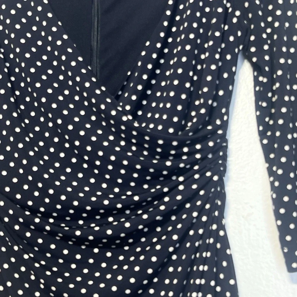 Adrianna Papell Dress Sz 8 Polka Dot‎ Ruched Slimming Blue White Preppy Career